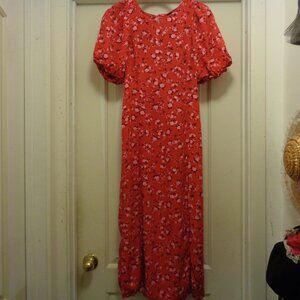 RED w PINK FLOWERS PUFFY SLEEVED MAXI DRESS BY Old Navy S